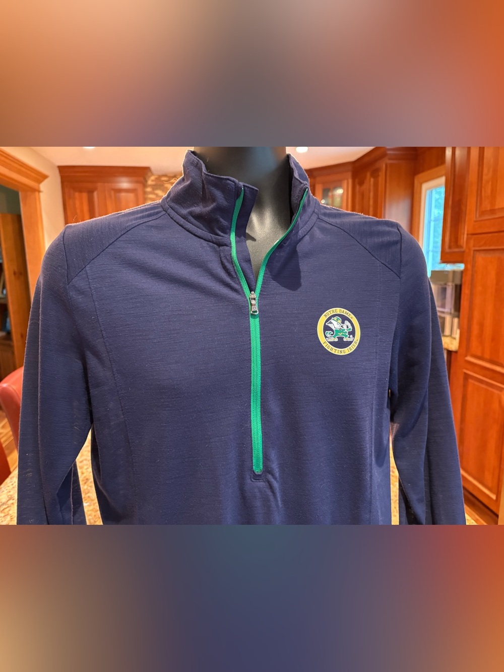 Notre Dame Fighting Irish men’s quarter zip pullover. Sharp blue w/iconic logo